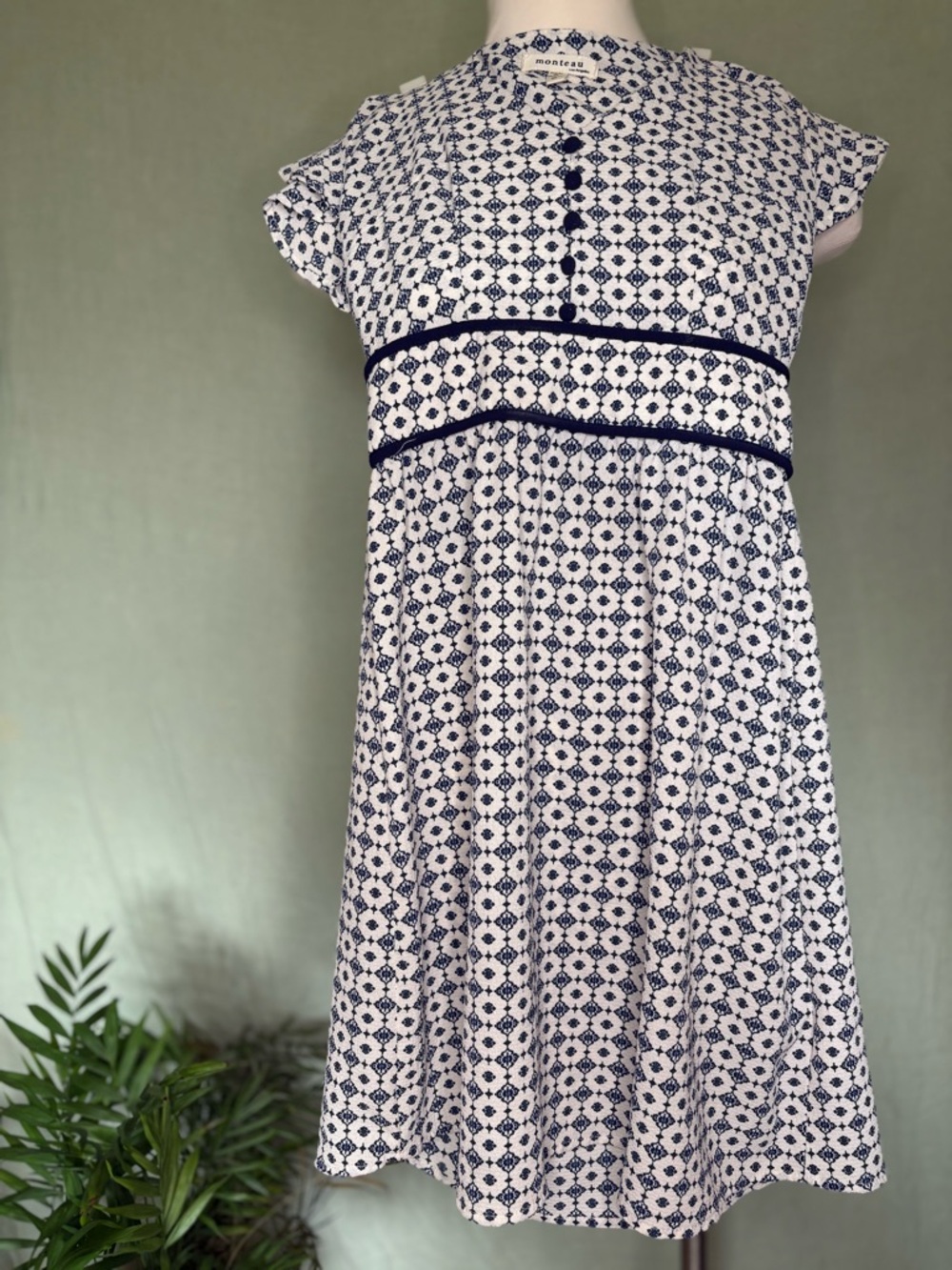 Monteau White and Navy Printed Midi Dress